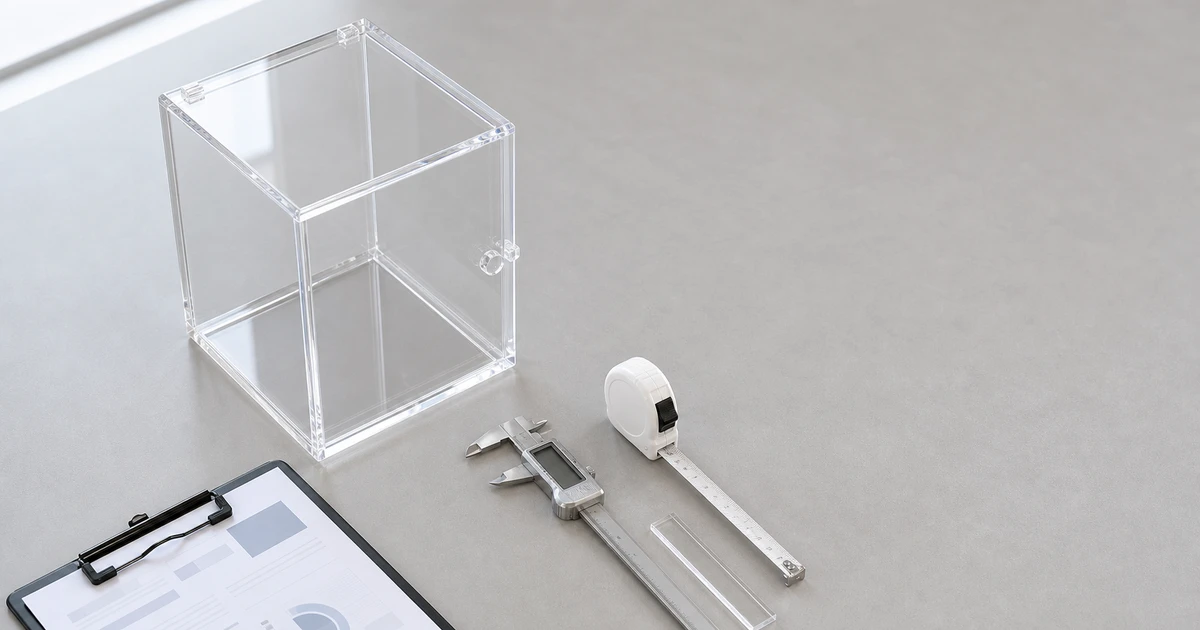 Editorial overhead shot of a finished cast acrylic display case prototype on a factory QC bench with calipers and measurement tools, soft natural skylight, B2B manufacturing context