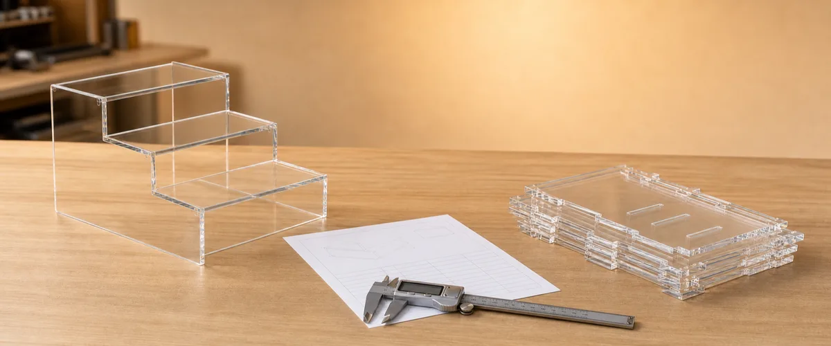 Two builds of the same clear acrylic counter display side by side on a workbench beside a printed quote sheet and calipers, polished cast PMMA edges catching the light