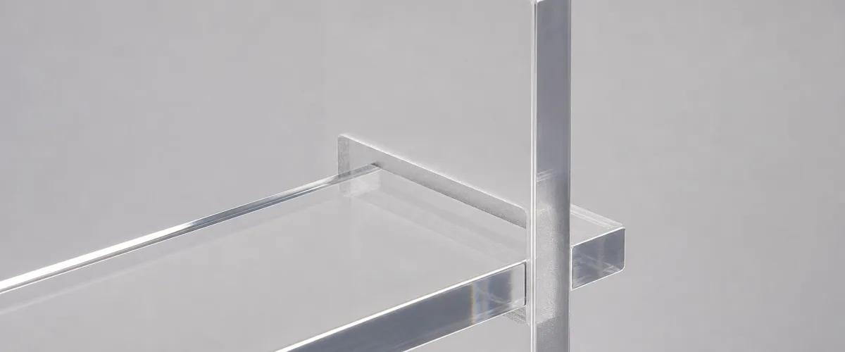 Macro view of a slot-and-tab joint in clear cast PMMA acrylic display panels, tab seated through the slot with a mirror-polished visible edge and satin machine-finished slot interior
