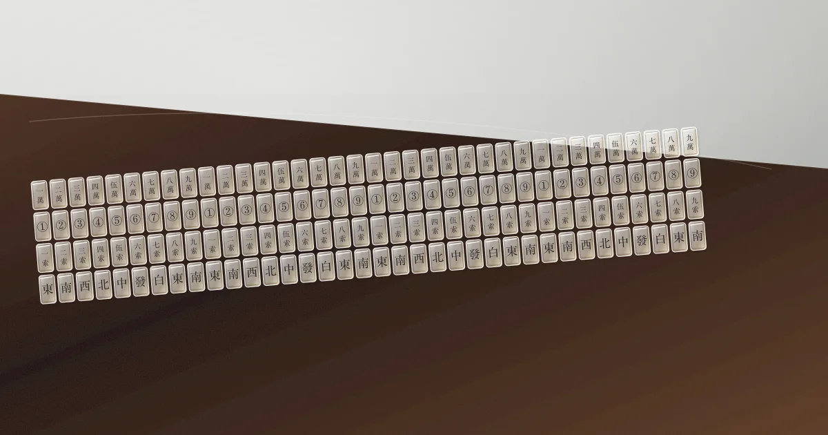 144 polished cast acrylic mahjong tiles arranged in four rows on a deep walnut felted table, traditional character and suit graphics laser-etched into translucent PMMA, soft directional studio light catching the chamfered tile edges