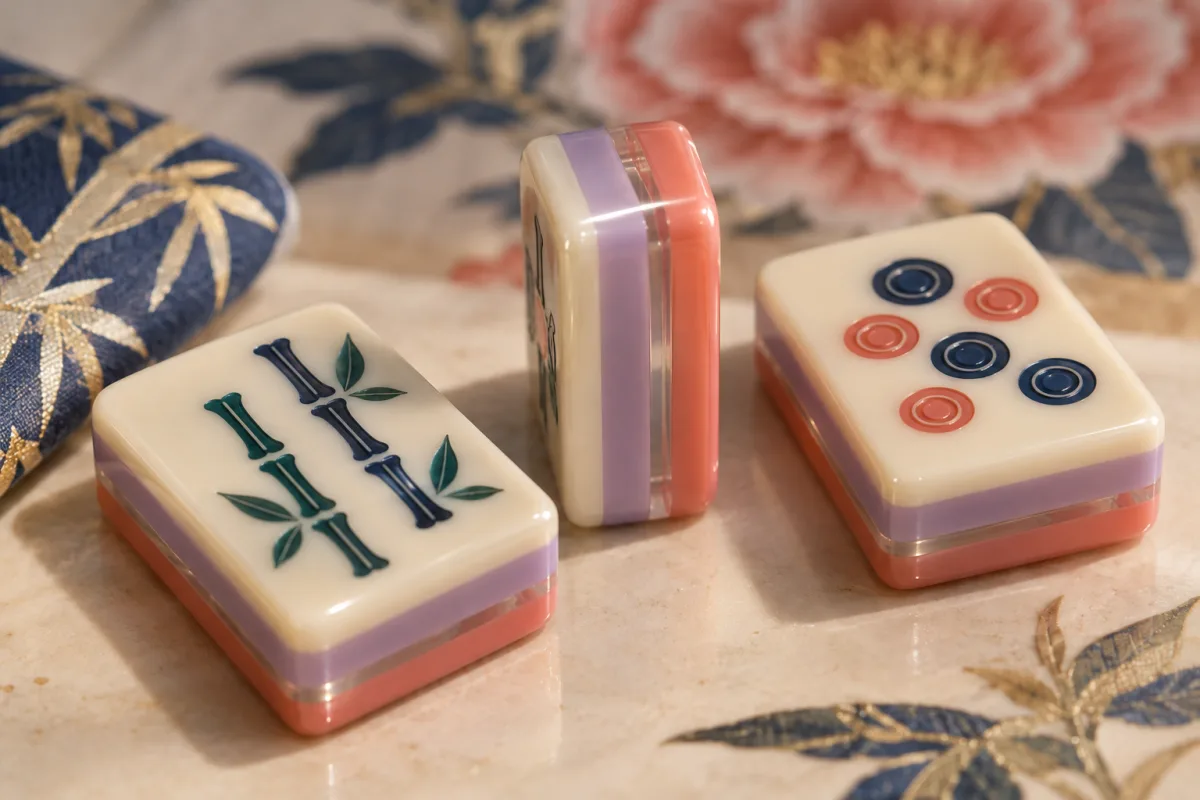 Illustrative cast PMMA mahjong tiles with coral and lilac backs showing face artwork and layered edges