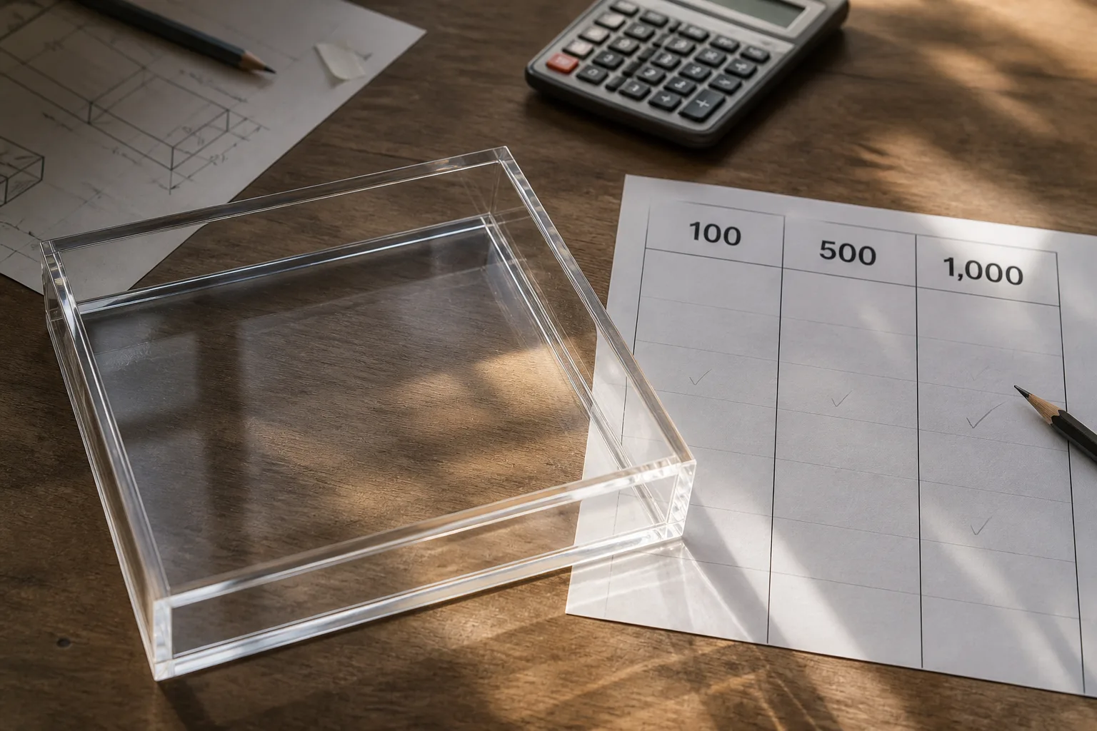 Clear custom acrylic tray beside a quantity quote worksheet showing 100, 500, and 1000 piece tiers