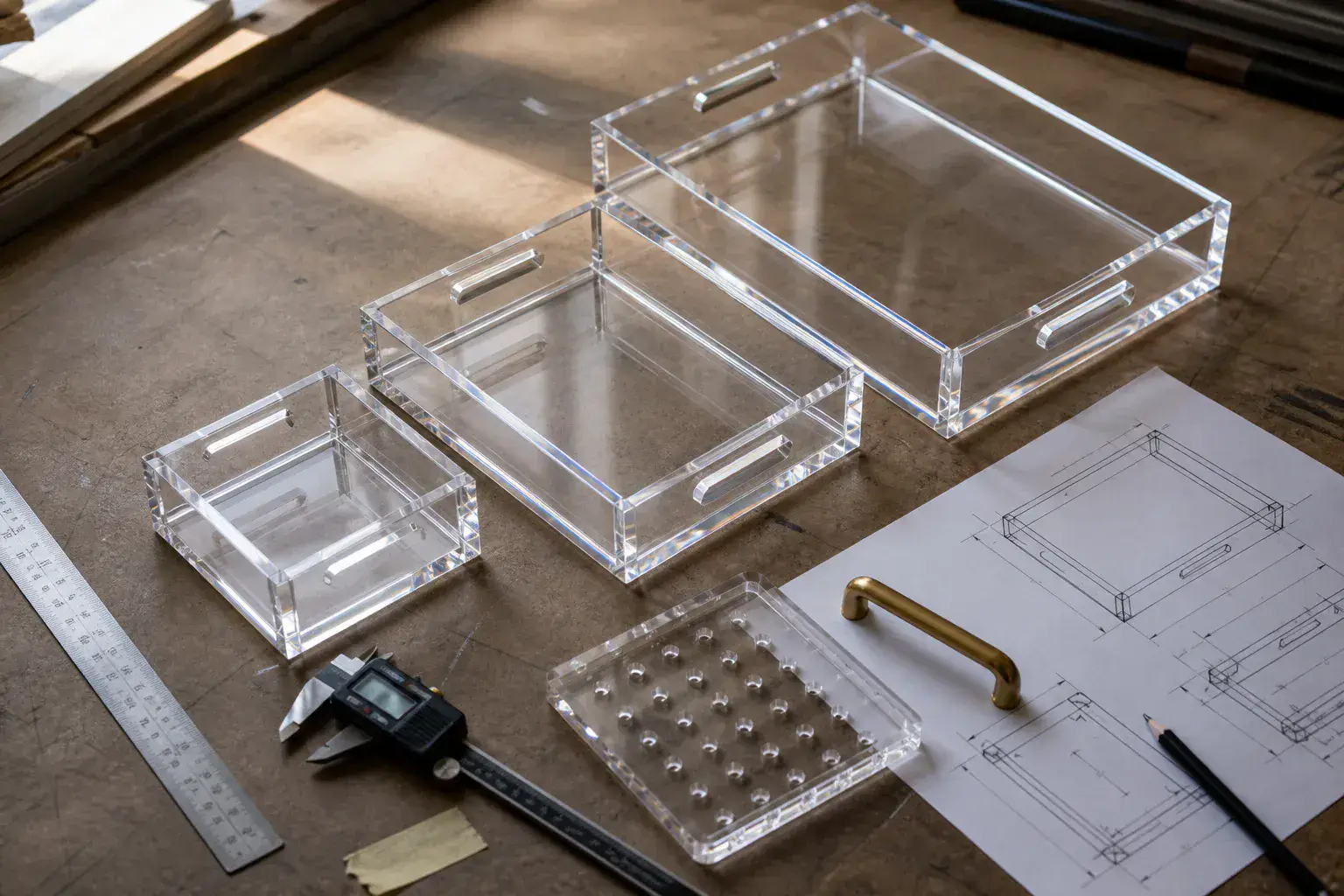 Clear acrylic trays in three sizes beside a ruler, calipers, handles, insert sample, and dimensioned production drawing
