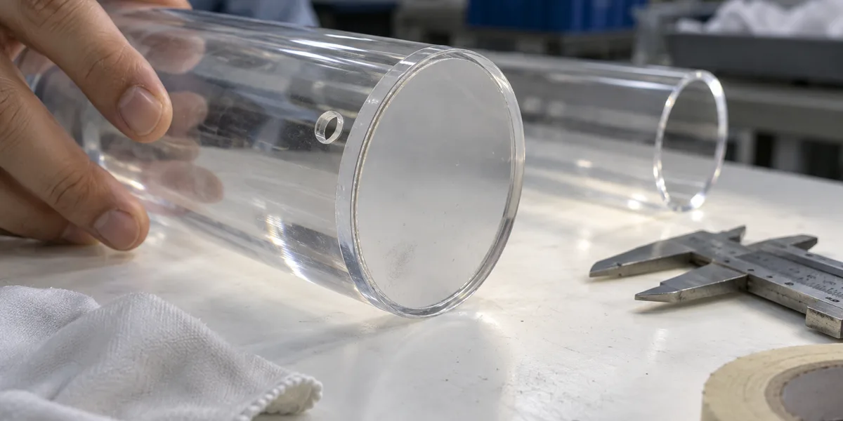 Macro view of a solvent-bonded clear acrylic cap on a custom PMMA tube end, showing the continuous bond line, chamfered cross-drilled hole and flame-polished open end on a QC light table