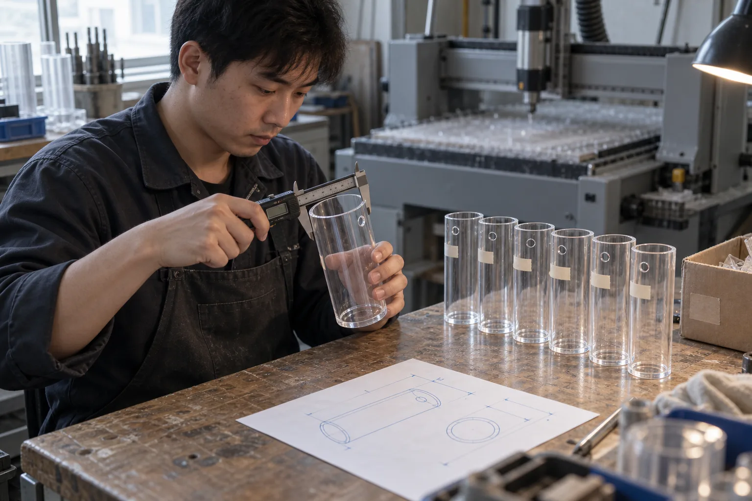 Production operator measuring a custom acrylic tube component with a bonded end cap and cross-drilled holes, cut-to-length clear PMMA tubes and a dimensioned drawing on the bench