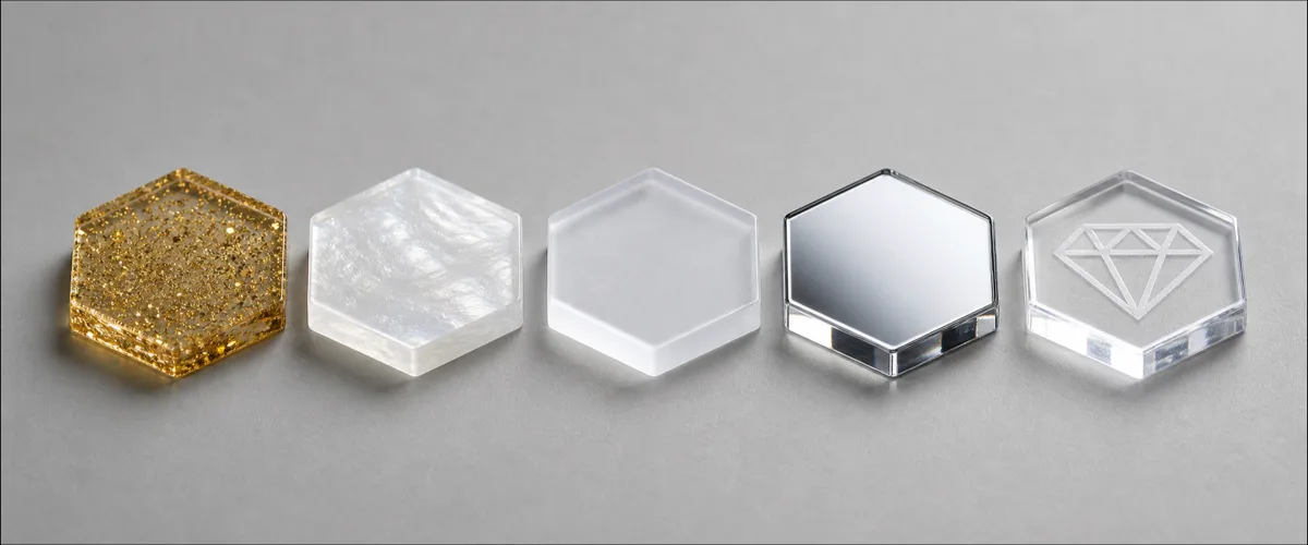 Macro of five 3 mm cast PMMA acrylic game tokens showing specialty sheet finishes: gold glitter with particles suspended inside the material, pearlescent, frosted, mirrored, and clear with a laser-engraved frosted icon