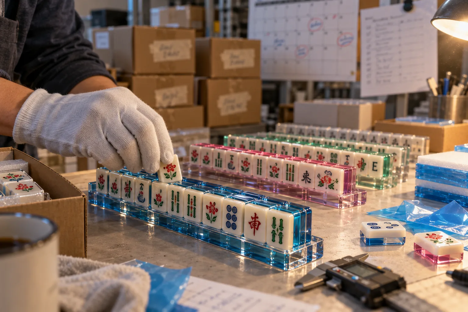Gloved hand placing custom engraved acrylic mahjong tiles into colored acrylic racks on a factory packing bench, with export cartons and a planning calendar behind