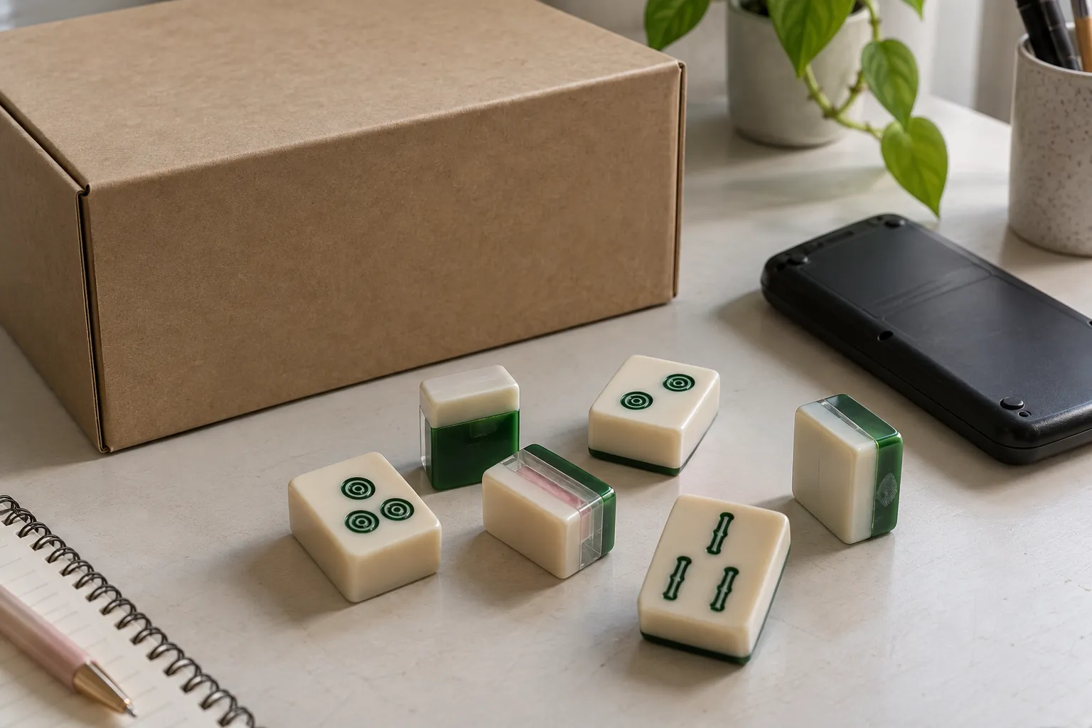 Custom acrylic mahjong tile samples beside a plain export box on a budgeting work surface