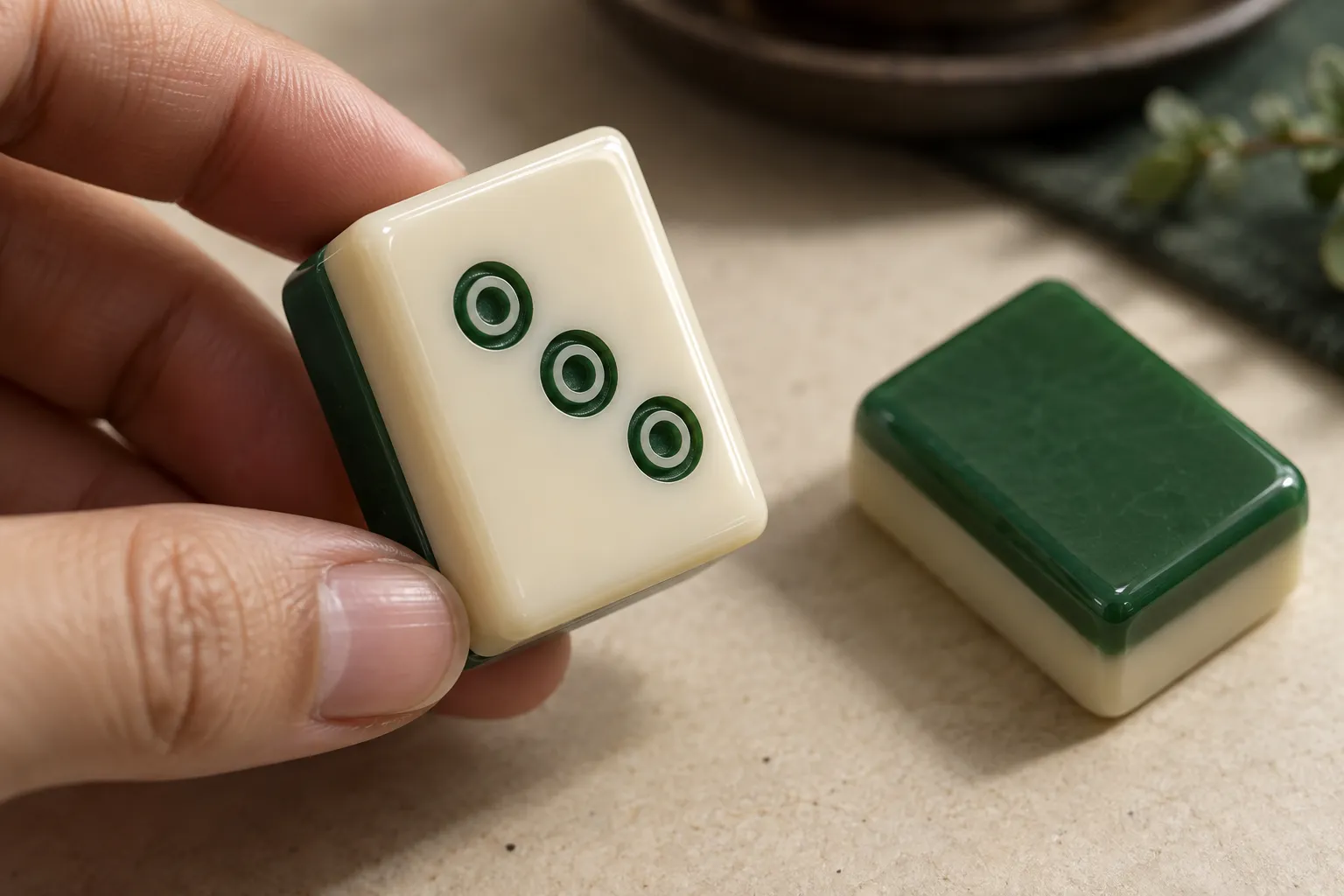 Physical cast acrylic mahjong sample inspection: face detail, polished edge and layer construction must be checked in hand.