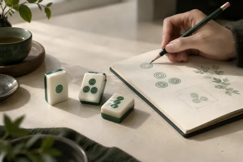 Mahjong artwork motifs beside physical tile samples