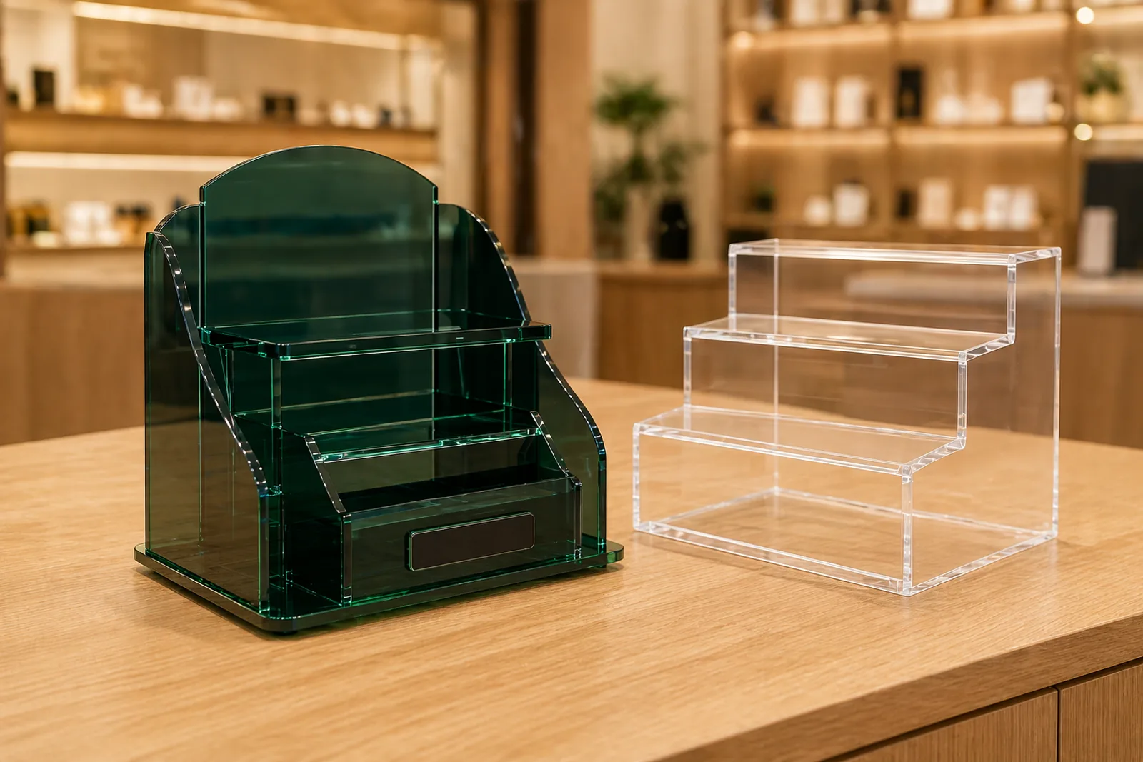 Side-by-side comparison of a custom deep-green PMMA countertop display and a stock clear acrylic step riser on a warm retail counter.