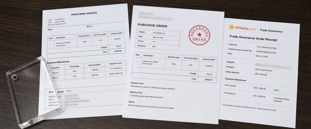 Overhead flat-lay on a dark wood desk: pro-forma invoice with milestone columns, stamped purchase order, Trade Assurance receipt, and a small clear acrylic spec sample
