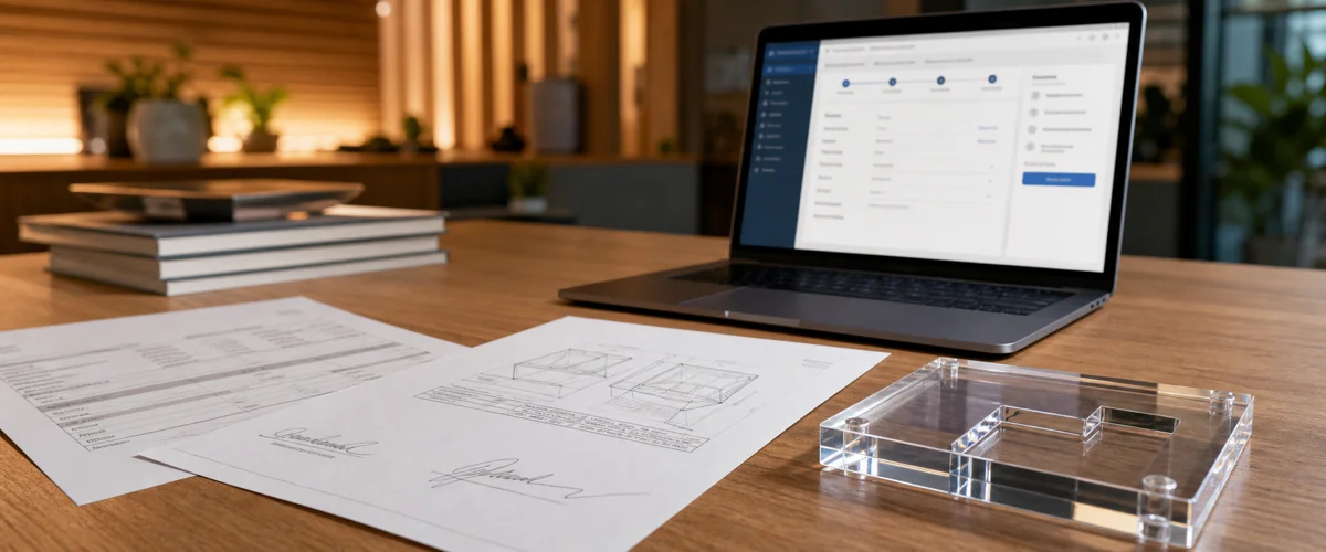 B2B procurement desk with a printed purchase order, signed acrylic spec sheet, a small clear acrylic sample, and a laptop showing a payment portal — the documents that define a custom acrylic order's payment terms