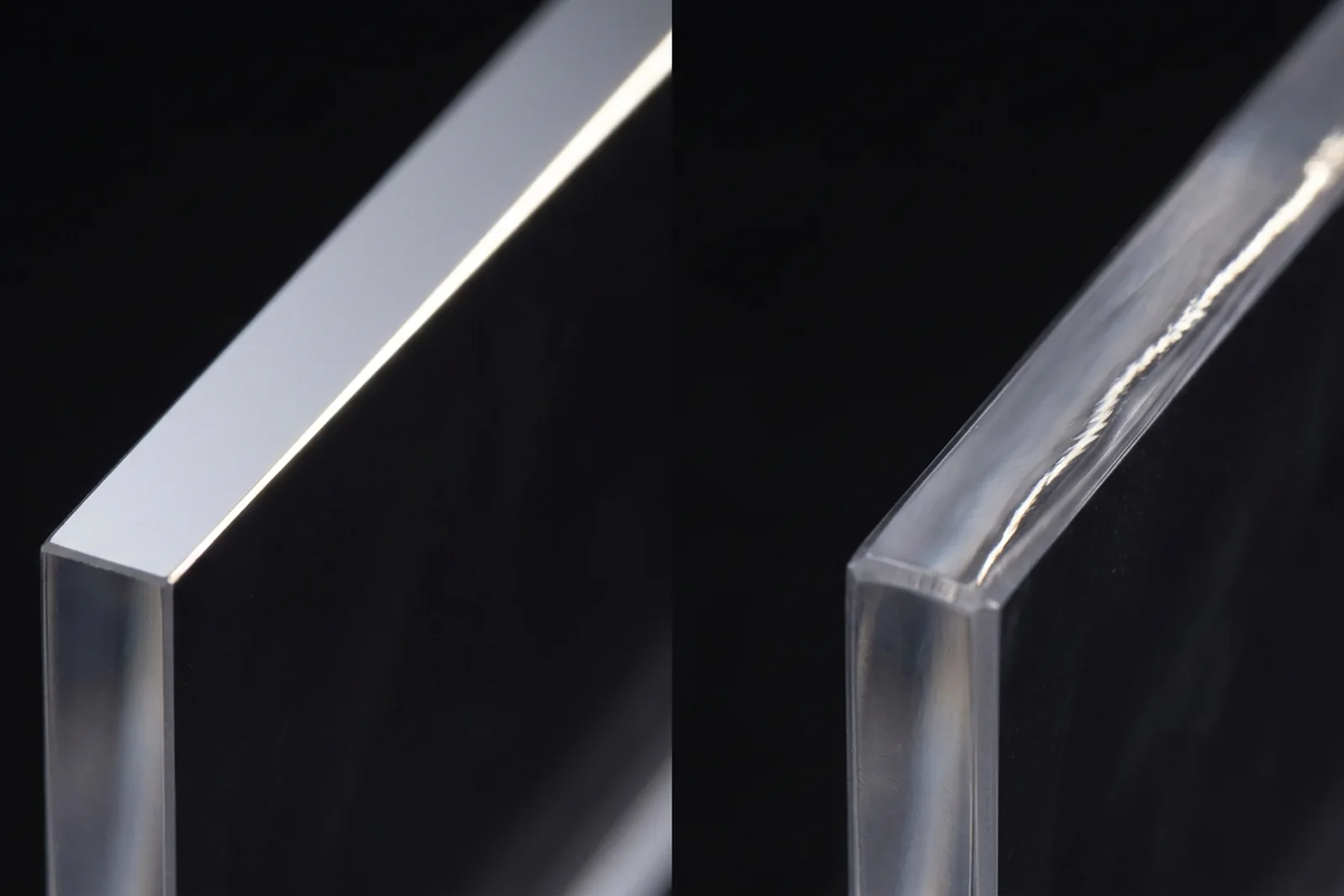 Macro close-up of two 8mm cast PMMA acrylic (plexiglass) edges side by side - left edge is diamond-polished with a mirror-flat optical surface, right edge is flame-polished glass-clear but with a subtle thermal wave visible under raking light.