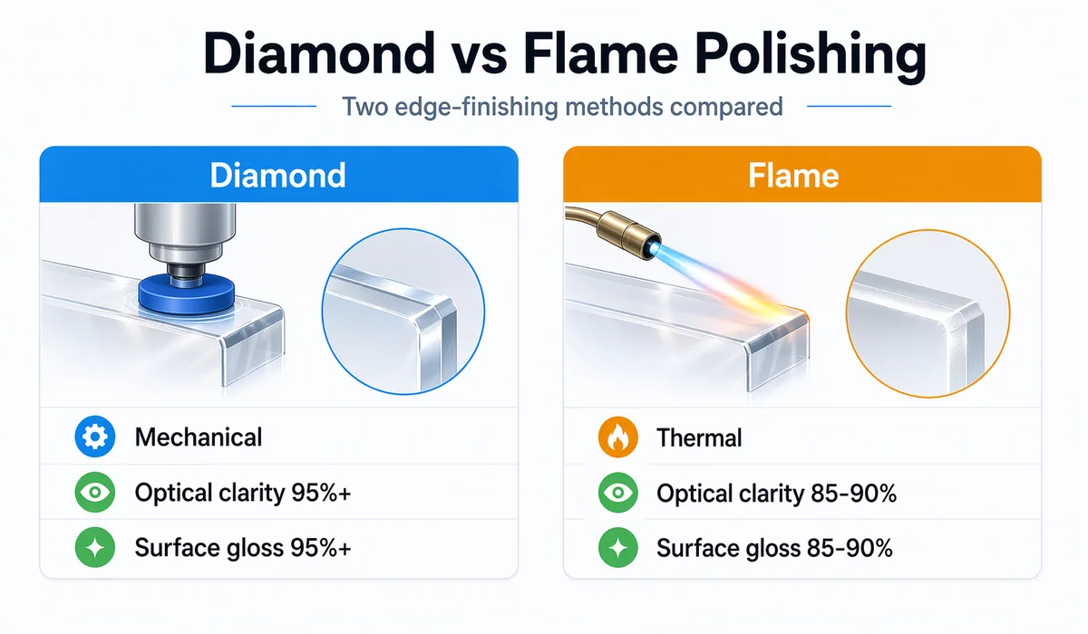 Side-by-side comparison of diamond polishing and flame polishing on an acrylic edge, with mechanical versus thermal process and clarity and gloss ranges