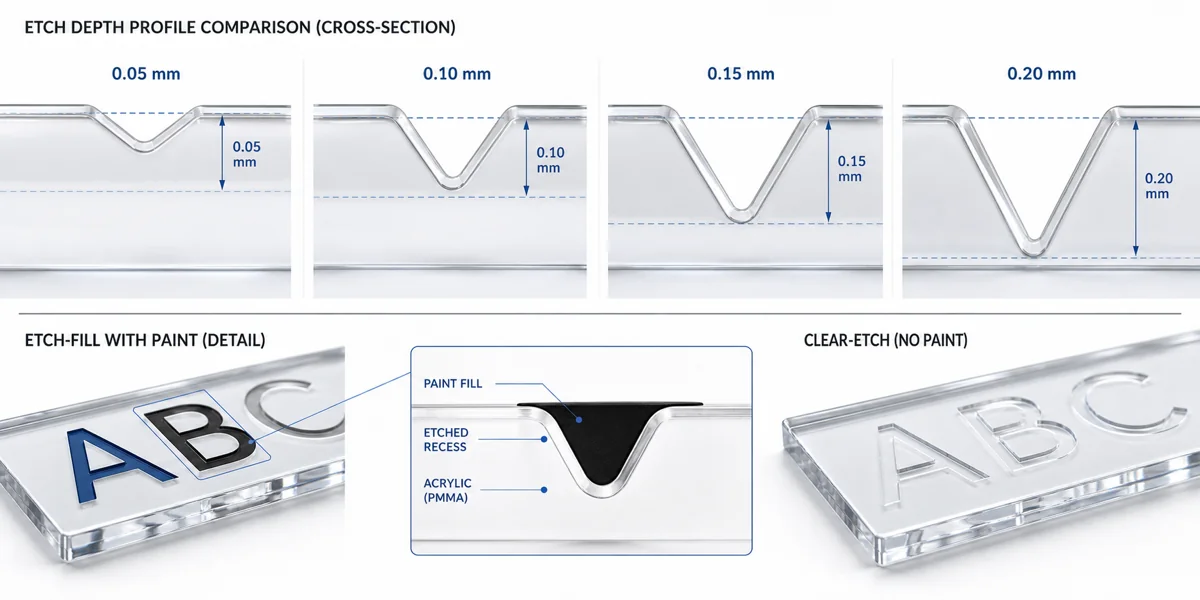 Etch depth profile cross-section comparison on cast acrylic showing 0.05, 0.10, 0.15, and 0.20 mm depths with paint-fill detail callout — the contour shadow and pigment-channel geometry that determines how a logo actually reads on a finished tray.