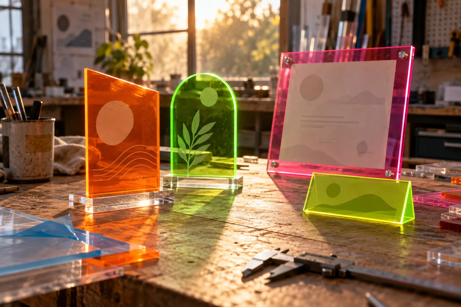 Fluorescent orange, green and pink acrylic awards and a certificate frame on a fabrication bench, their polished edges glowing in window light