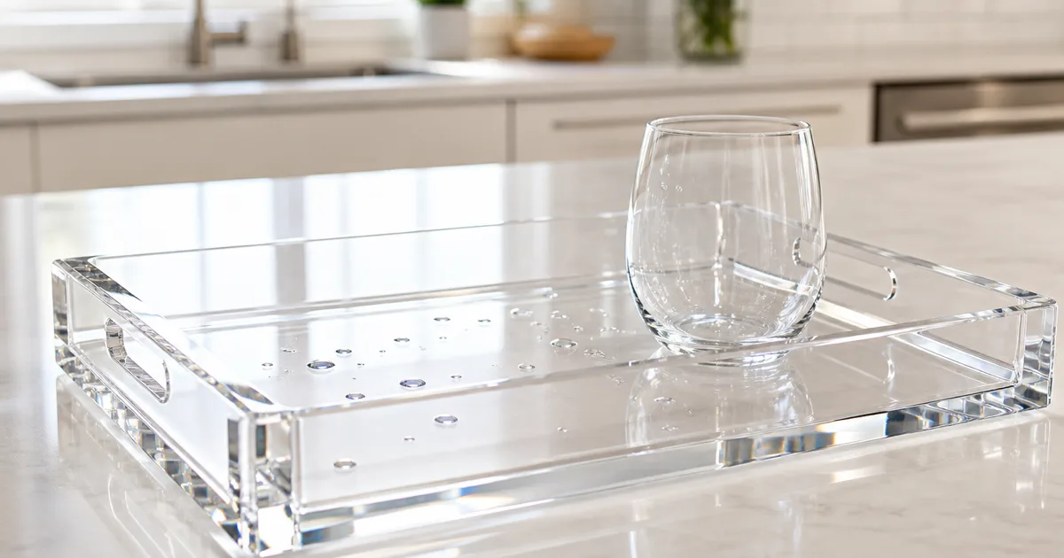 Clear food-grade acrylic serving tray holding pastries on a hotel amenity counter, light refracting through the polished cast PMMA edges
