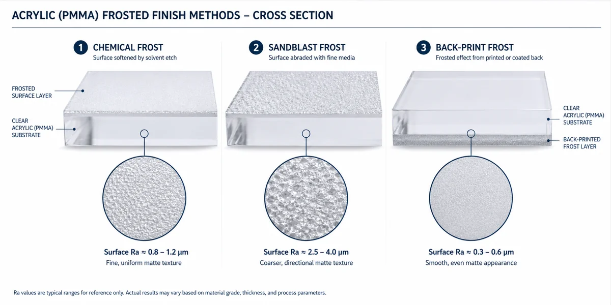 Cross-section comparison of chemical-frosted acrylic, sandblasted acrylic, and sandblasted glass panels showing surface roughness differences in microns