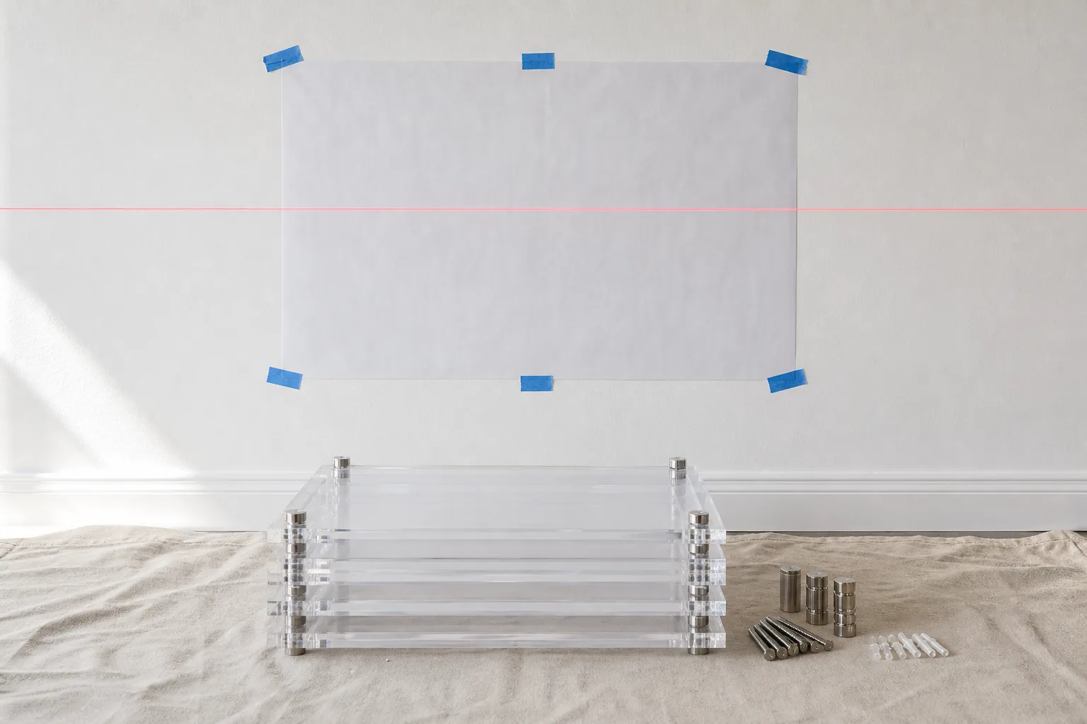 Installer's view of a gallery wall layout in progress — a laser level line across a white office wall with a printed hole map, polished acrylic floating frames with standoff hardware staged below