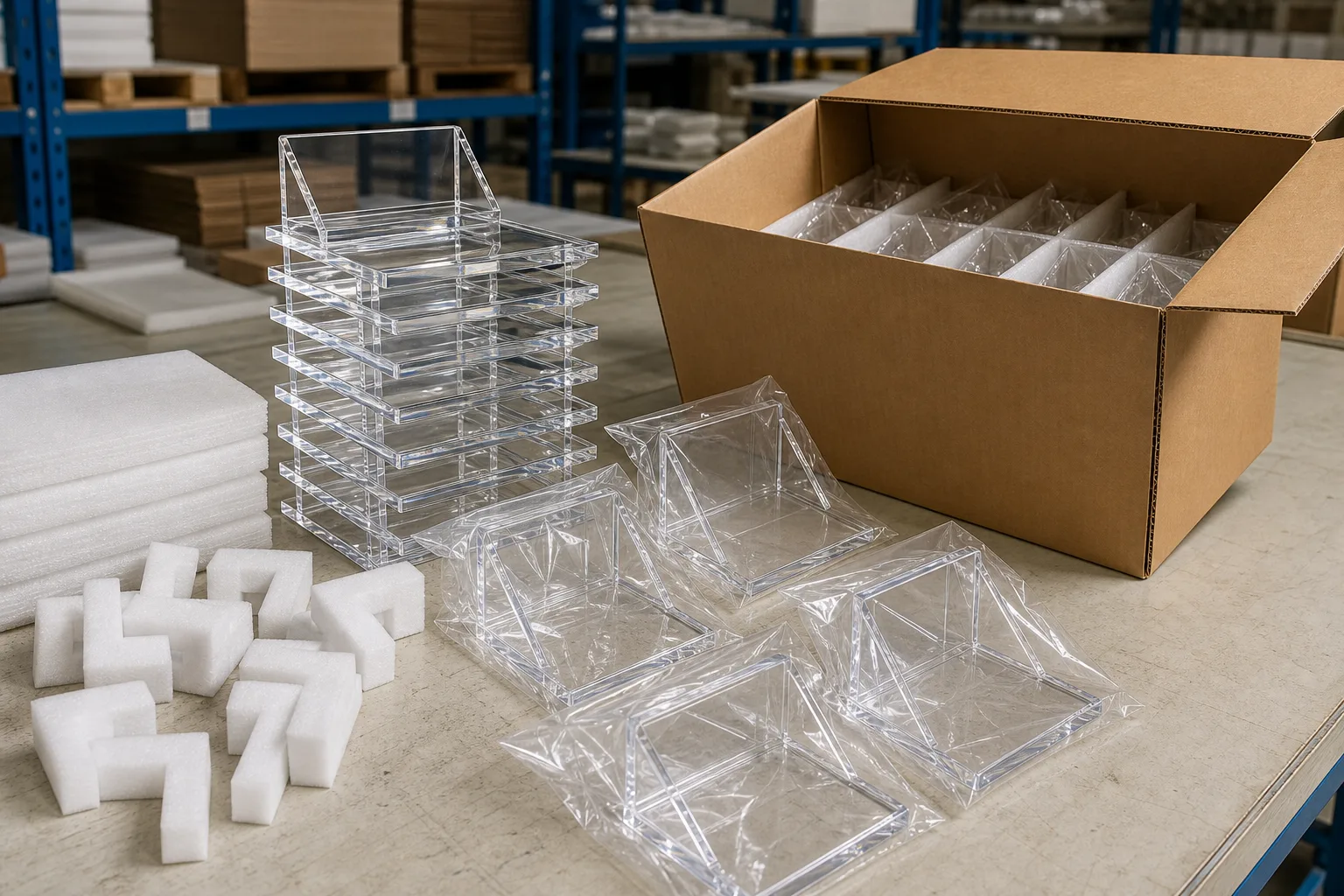 Packing bench at an acrylic factory with clear PMMA display stands in OPP bags, foam corner protectors, and an open double-wall master carton ready for export