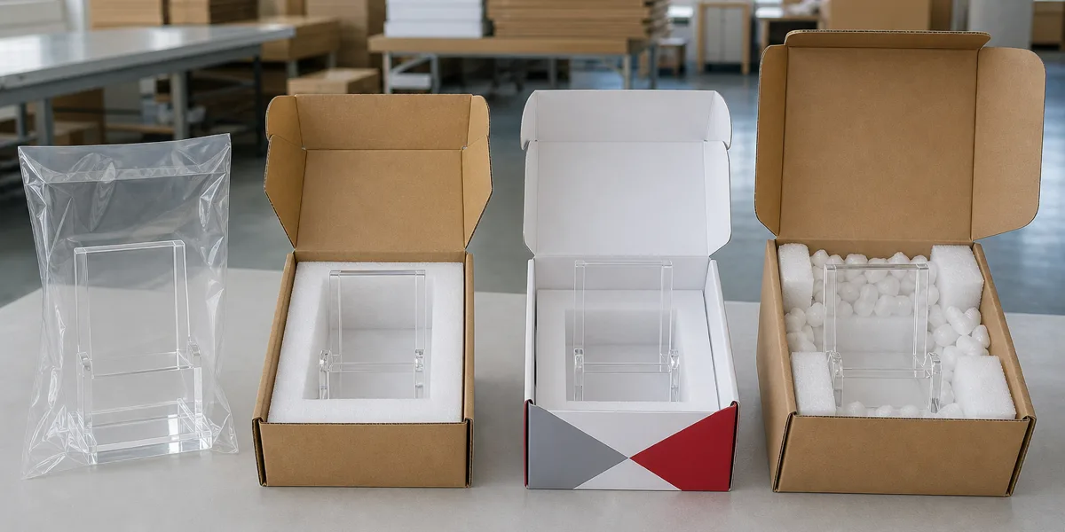 Four packing tiers for custom acrylic displays side by side on a packing bench: OPP bag, plain individual box, printed retail-ready box, and padded fulfilment-ready parcel