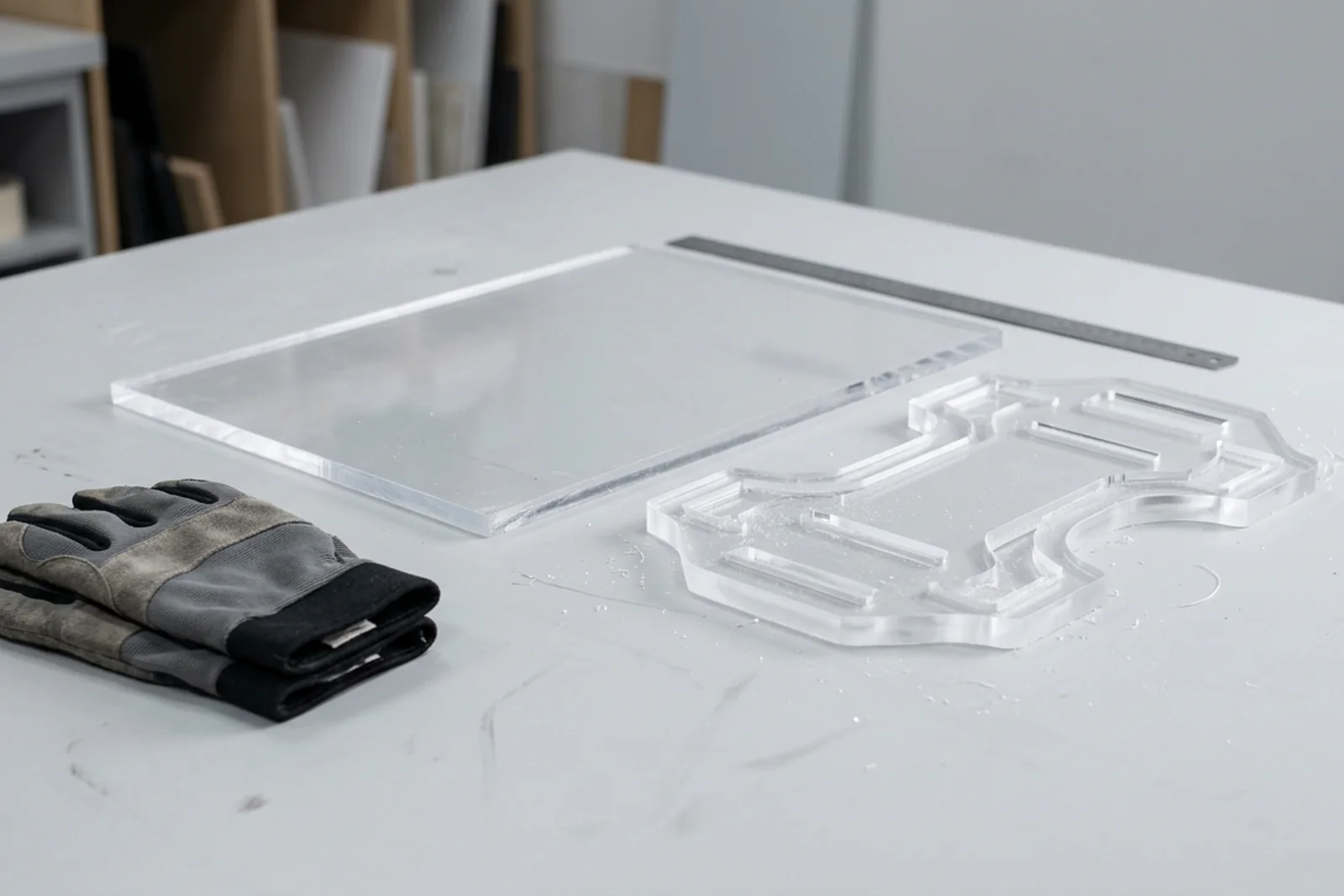 Clean workshop-style scene showing a cast PMMA acrylic (plexiglass) sheet on a CNC work surface with a partially machined custom display piece beside it - no people, soft overhead light, neutral walls.