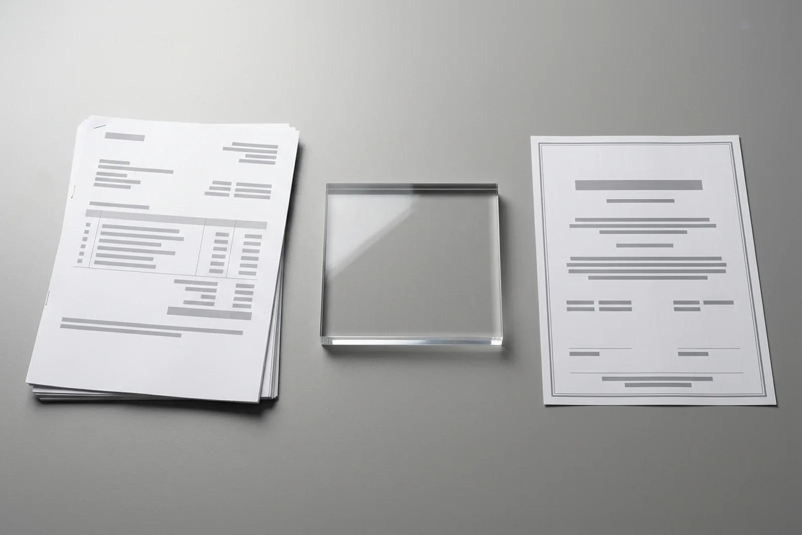 Acrylic supplier evaluation set — printed quote with material and tolerance specs, a clear PMMA sample piece, and an ISO 9001 certificate arranged flat on a neutral desk for side-by-side review.