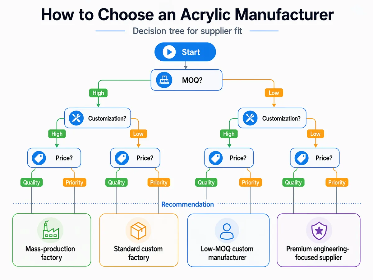 Decision tree for choosing an acrylic manufacturer based on MOQ, customization needs, and price-versus-quality priorities