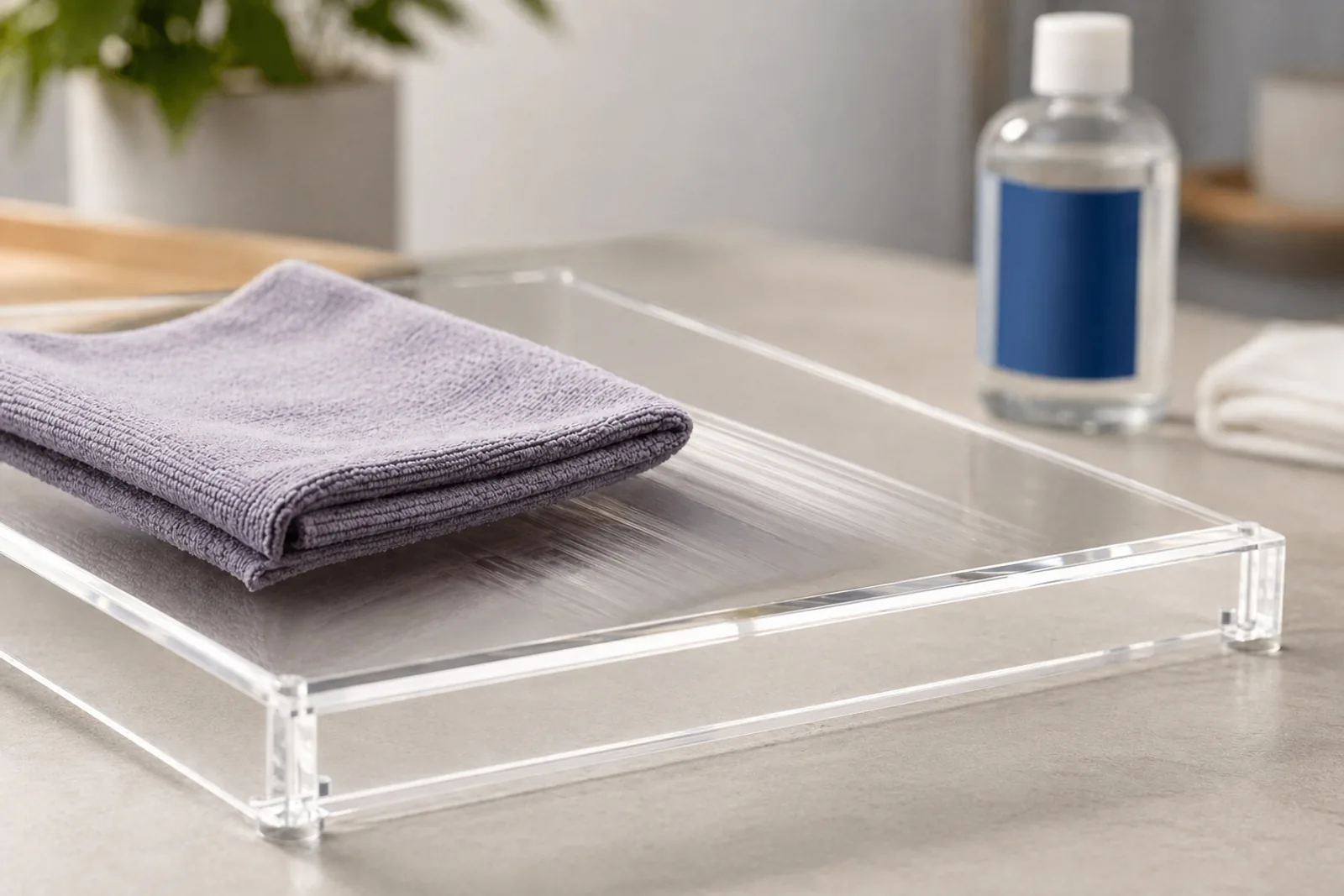 A microfiber cloth wiping a clear acrylic display panel under soft studio lighting on a neutral background, showing the correct single-direction cleaning motion
