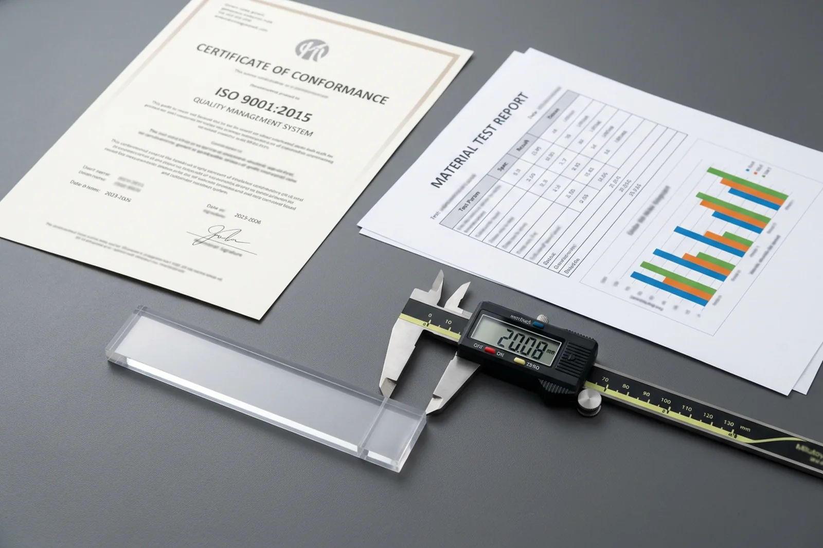 Quality audit evidence stack - an ISO 9001 certificate, a material test report, and a calibrated digital caliper measuring a clear PMMA acrylic (plexiglass) sample strip on a matte gray desk.