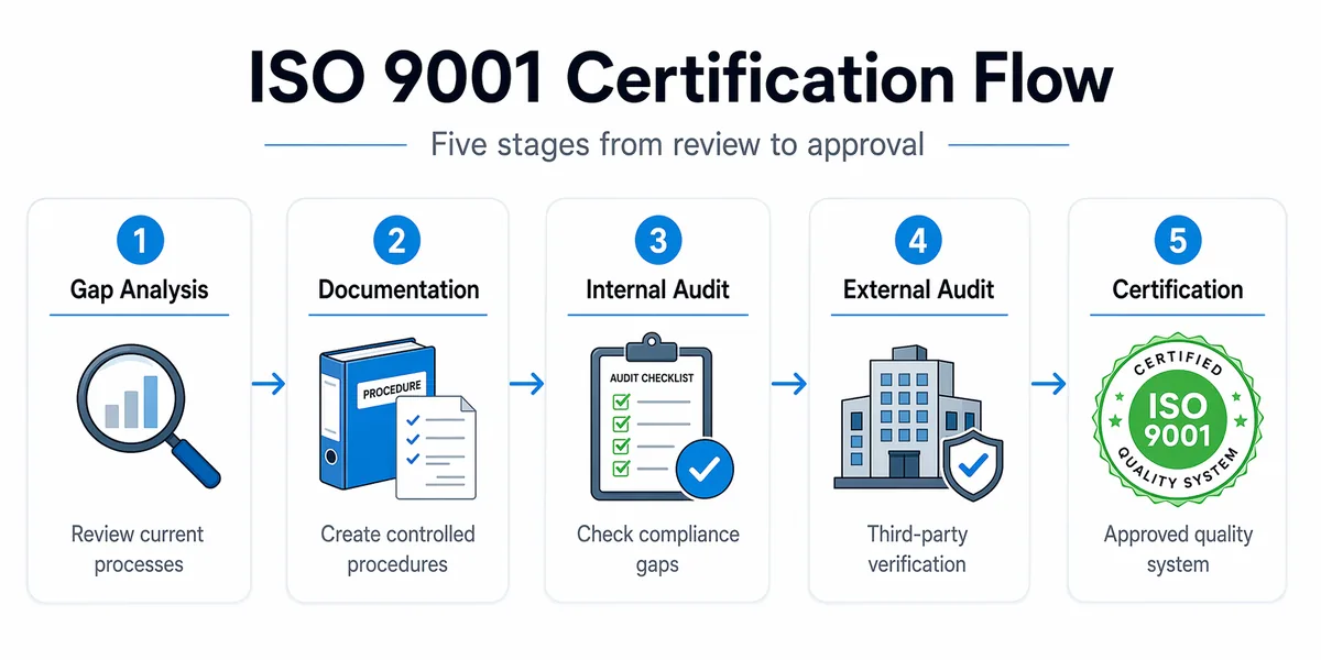 Five-stage ISO 9001 certification flow showing gap analysis, documentation, internal audit, external audit, and certification