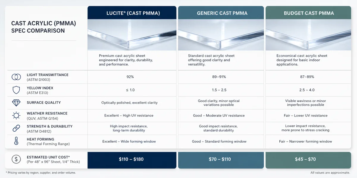 Three-column comparison chart of Lucite-branded cast PMMA versus reputable generic cast PMMA versus budget cast acrylic, with rows for optical haze, light transmittance, HDT, surface hardness, and unit cost