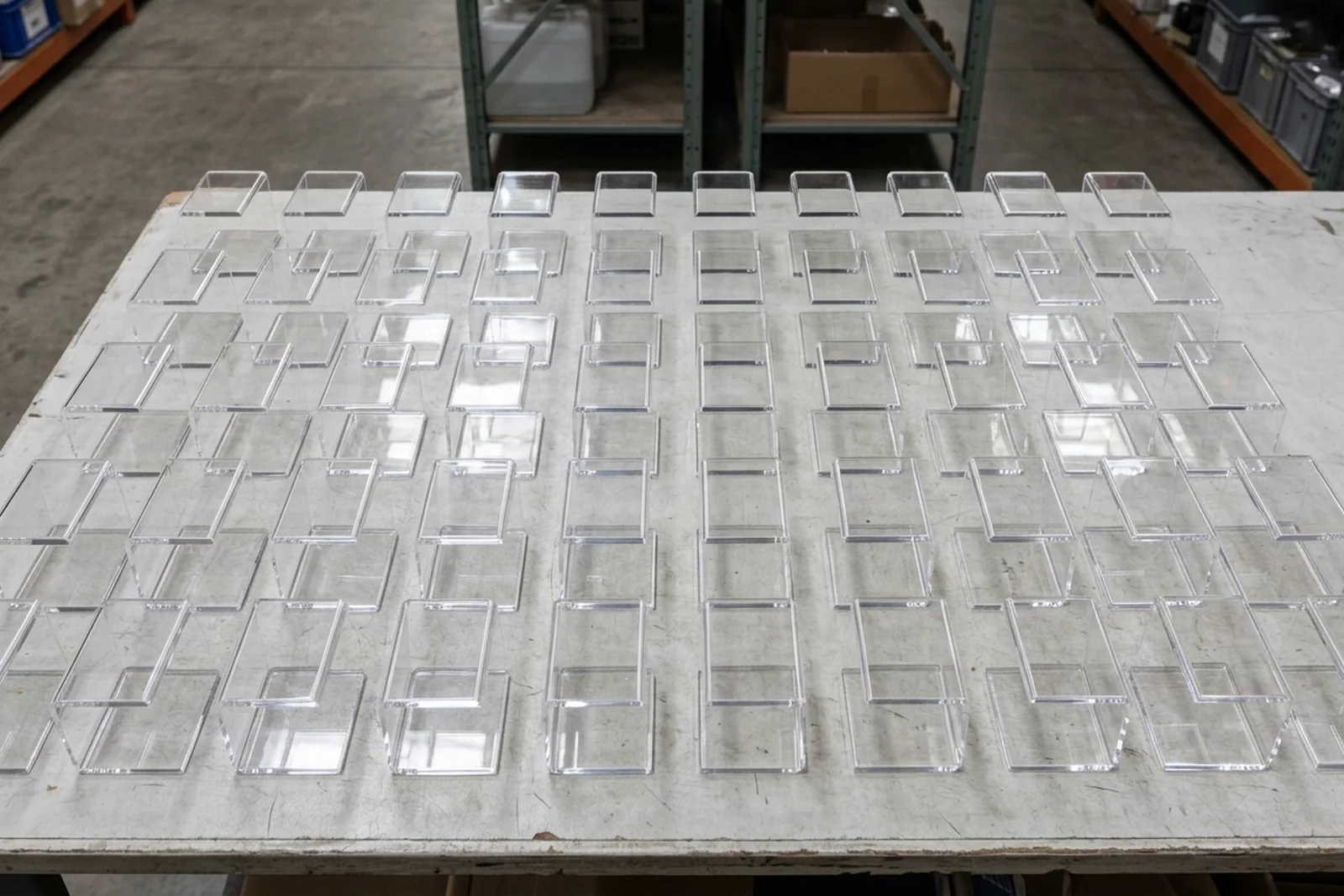 Fifty identical clear cast PMMA acrylic (plexiglass) display risers arranged in neat rows on a neutral warehouse surface - a visual read on what a 50-piece production run actually looks like.