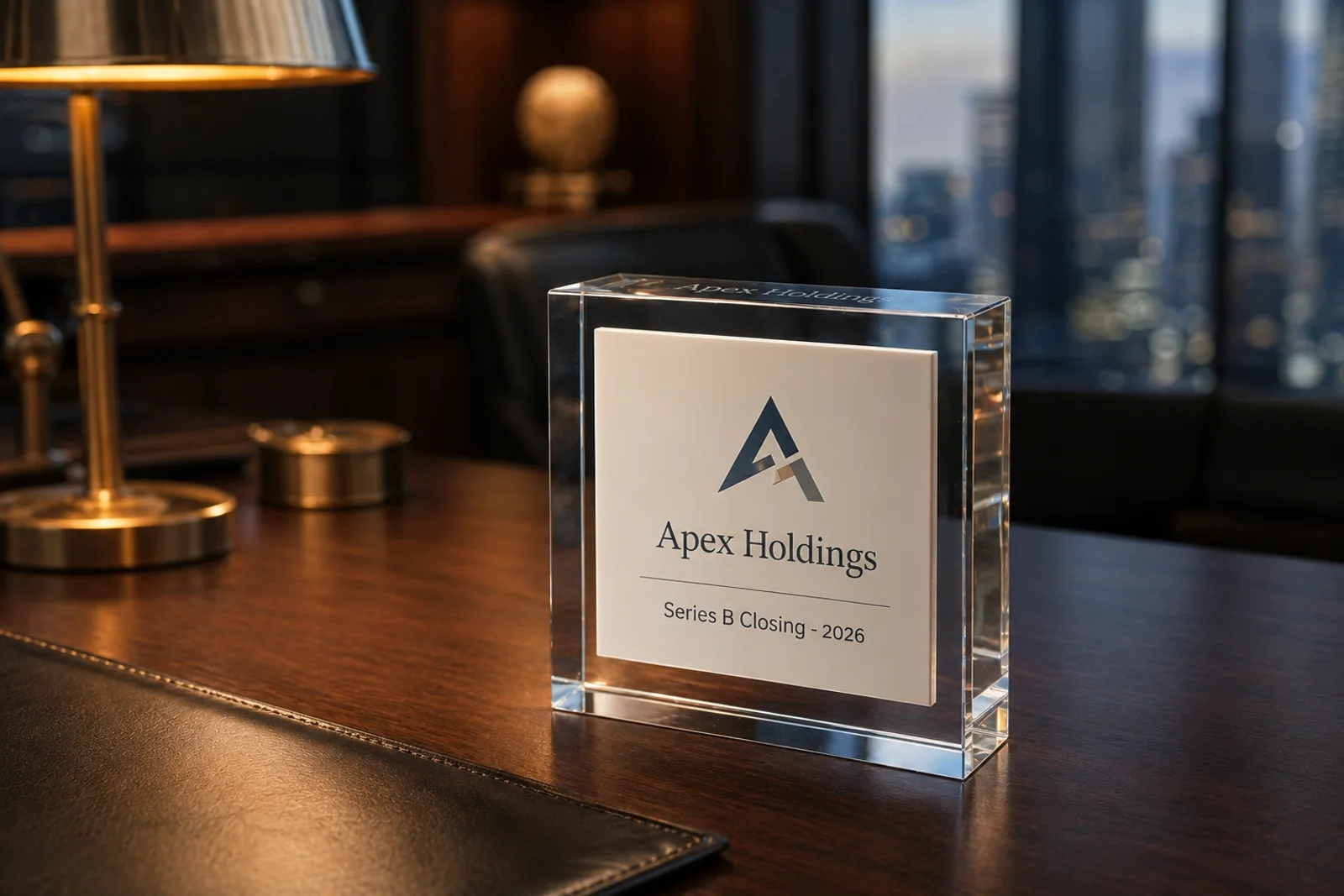 A clear lucite embedment deal toy with an embedded financial tombstone announcement on a dark wood desk under warm office lighting