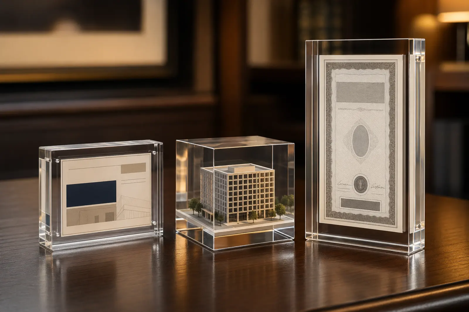 Three PMMA lucite embedment awards in different sector formats — a 5-inch IB M&A tombstone, a 6-inch PE deal toy with embedded miniature scale model, and a 9-inch IPO commemorative pillar — arranged on a dark walnut executive desk under warm office lighting