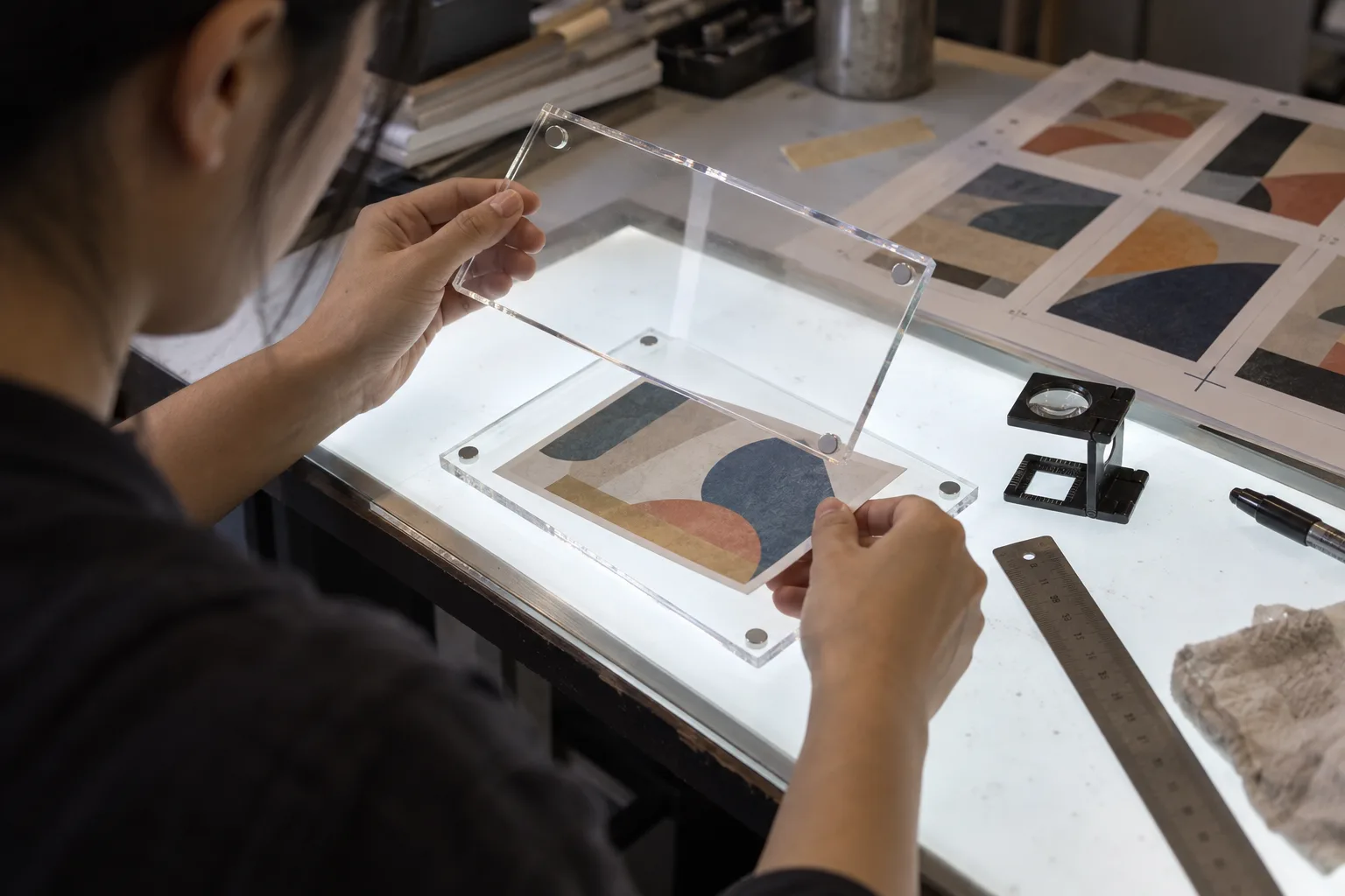 Print operator at a light table checking a duplex-printed 5x7 insert proof between the panels of an open acrylic magnetic frame