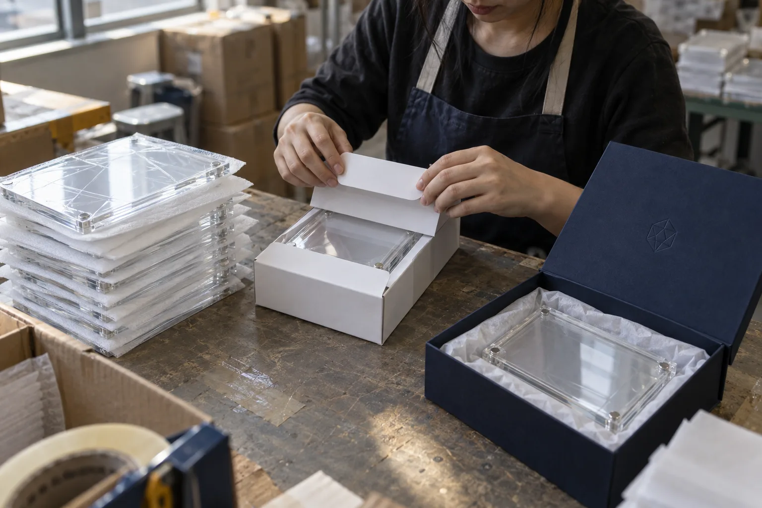 Three packaging levels for clear acrylic magnetic frames on a packing bench: film and foam interleaf stack, plain white box, and navy gift box