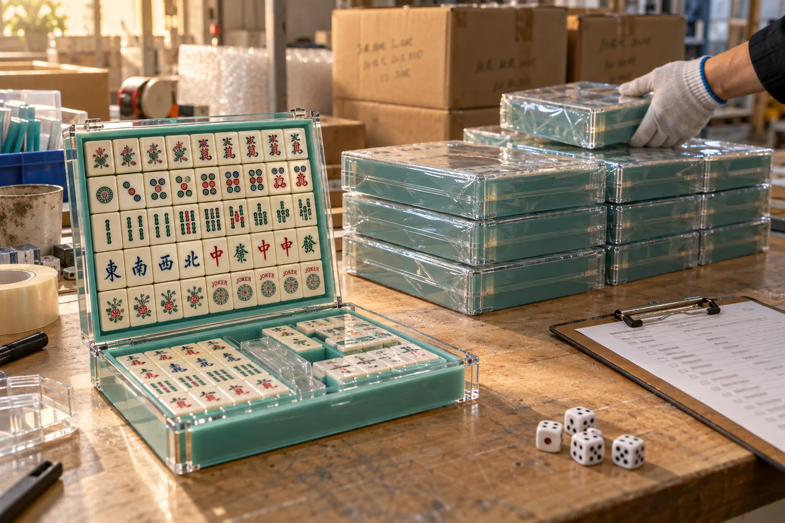 Custom acrylic mahjong set open in a teal acrylic case on a factory packing bench, with a stack of shrink-wrapped sets, a gloved hand adding one more, stock dice and a packing checklist