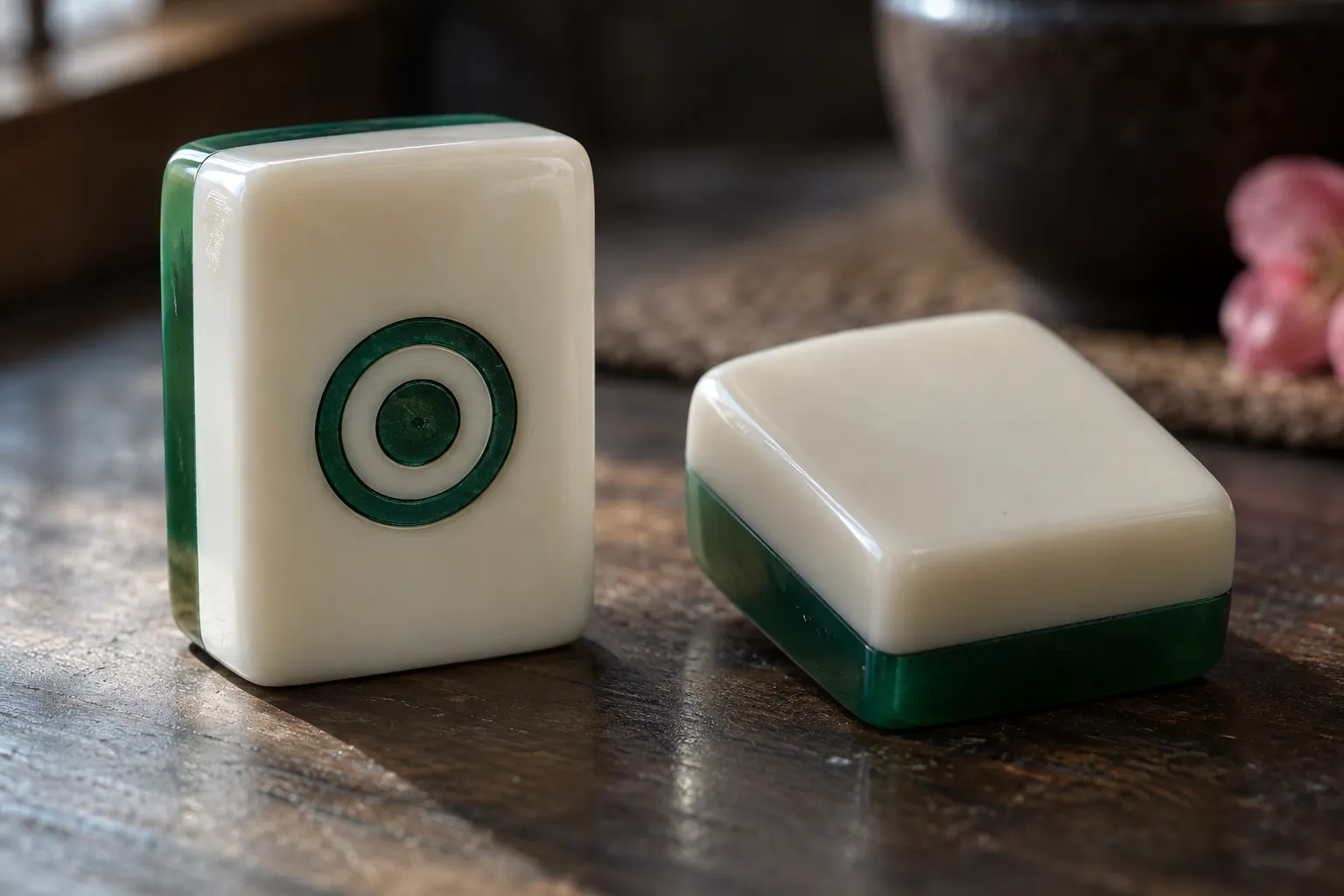 Illustrative cast acrylic mahjong tile detail: inspect the engraved outline, fill and edge on your physical sample.