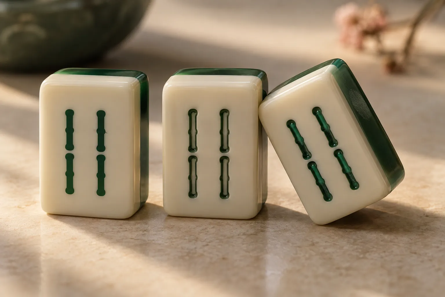 Illustrative printed and recessed acrylic mahjong faces under side lighting