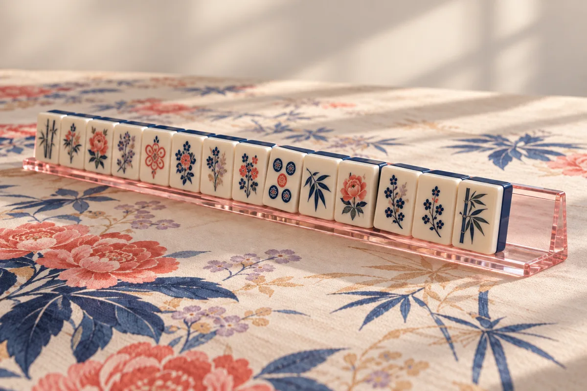 Illustrative cast PMMA mahjong tile row seated on a long blush acrylic rack