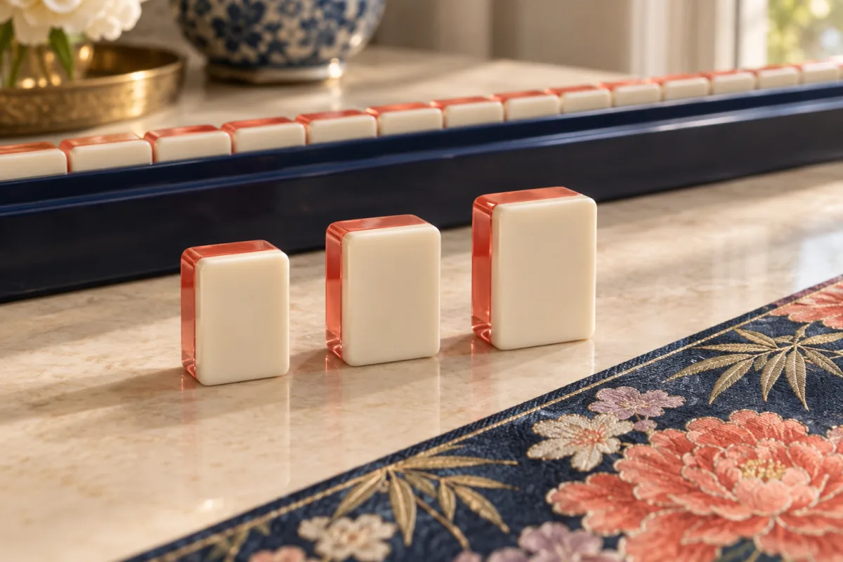 Illustrative compact, medium and larger cast acrylic mahjong samples with coral backs beside a long navy rack