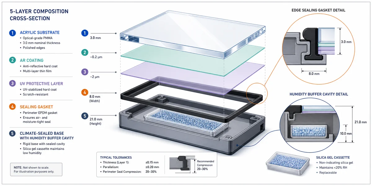 Cross-section diagram of a 5-layer museum-grade acrylic display case showing UV-laminated PMMA, anti-reflective coating, sealing gasket, and climate-sealed base with silica gel humidity buffer cassette — museum display cases construction detail
