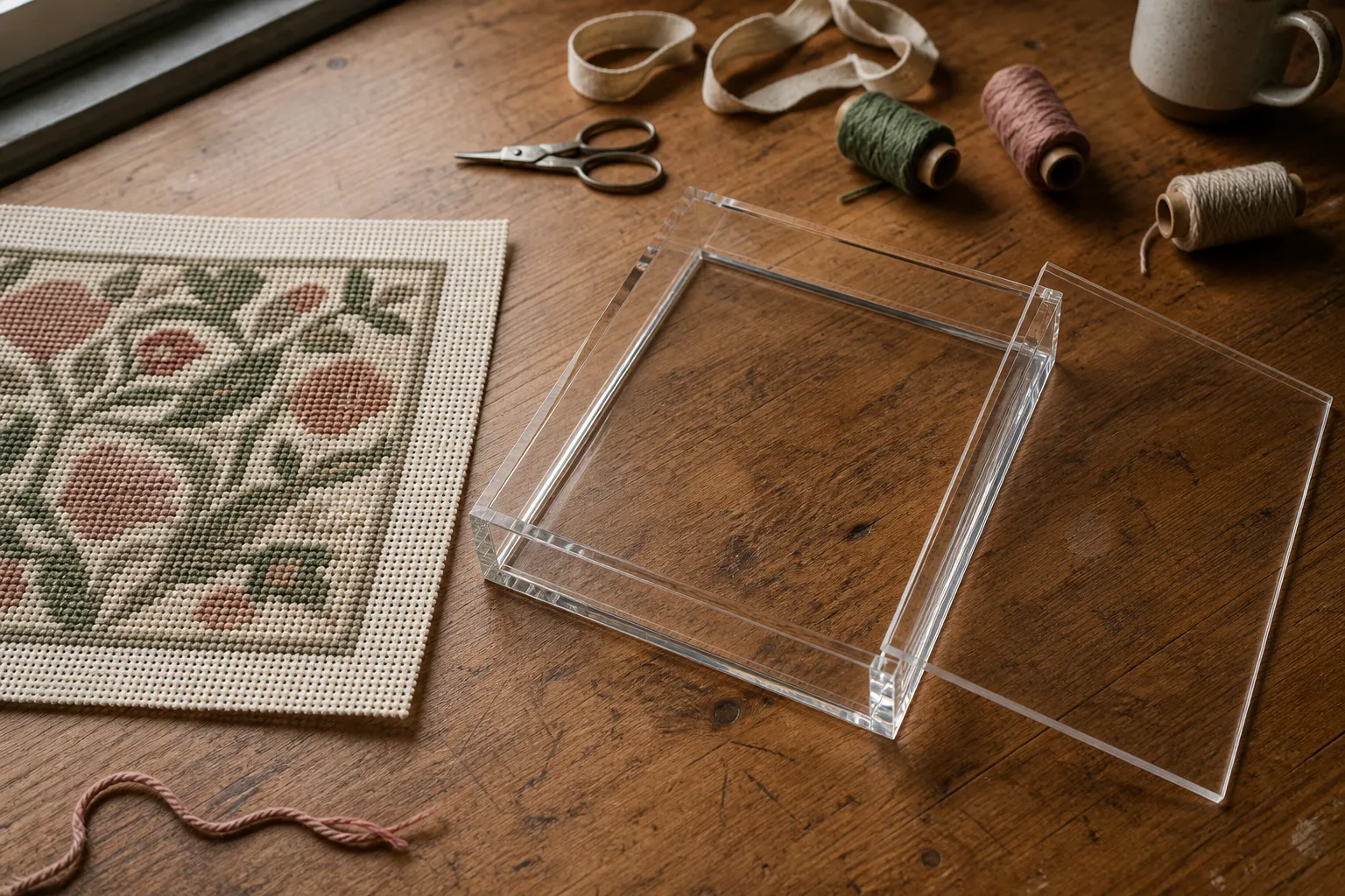 Clear acrylic needlepoint tray blank on a finisher's workbench with a stitched canvas laid beside it, the recessed base and removable bottom panel separated to show how the canvas is captured