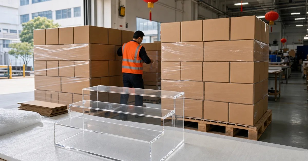 Export cartons of custom acrylic displays stacked on pallets in a Chinese factory shipping bay before the Chinese New Year shutdown, one clear acrylic riser unwrapped in the foreground
