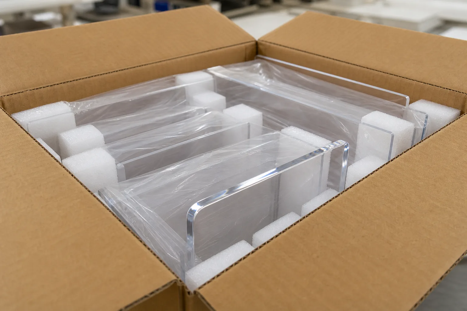 Clear custom acrylic display risers wrapped in protective film with foam corner protectors packed inside an export carton before the Chinese New Year factory shutdown