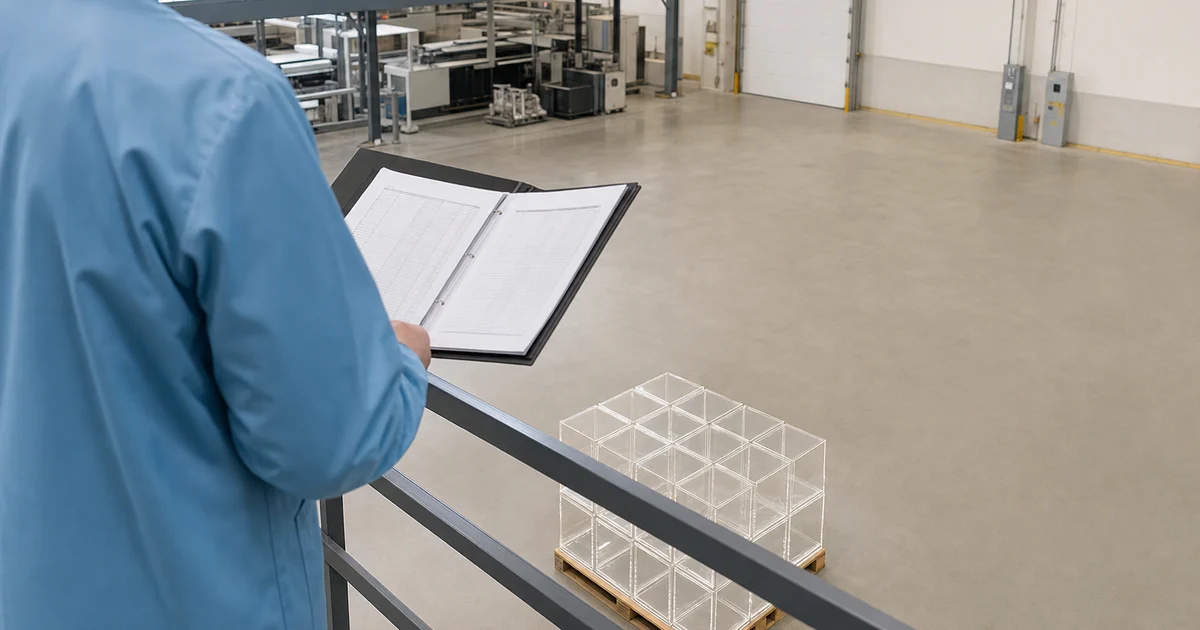 Acrylic factory mezzanine with a QC inspector reviewing a binder of capacity disclosure documents over a pallet of finished display cases, soft natural light, B2B manufacturer audit context