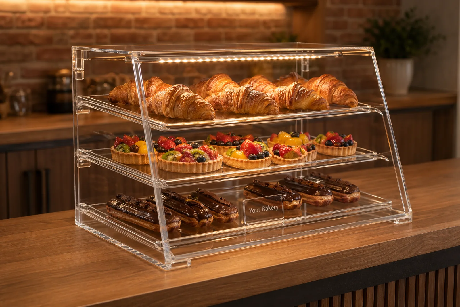 An ambient acrylic pastry display case showcasing croissants, eclairs, and tarts under warm bakery lighting on a cafe counter