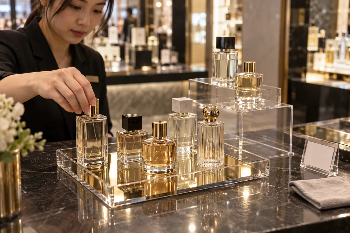 Custom acrylic perfume tray with a gold-tone mirrored bottom holding glass fragrance bottles on a brand counter, with a matching acrylic tester riser behind it